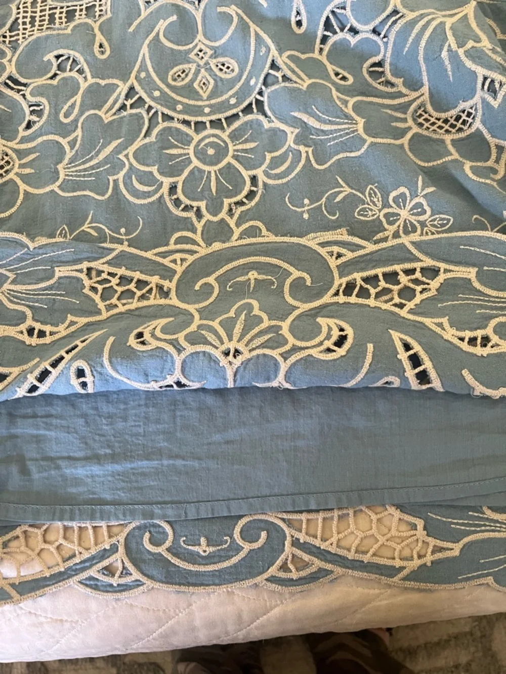 Anthro Embroidered Blue and Cream Cutwork Blouse - Linen and Cotton- size L - Picture 5 of 8